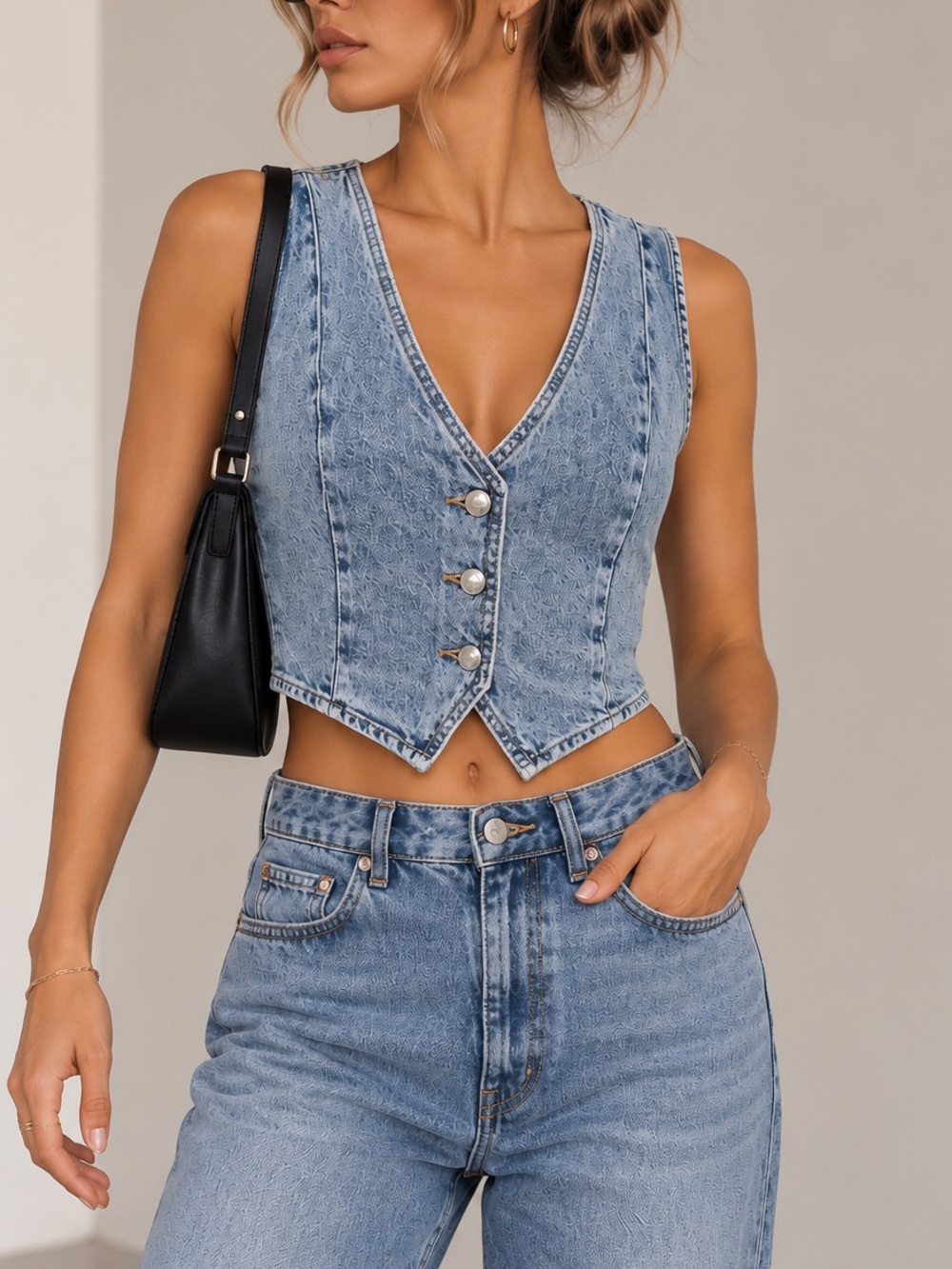 ZARA Acid Wash Denim Vest Light Blue Button Front Y2K 90s Size L